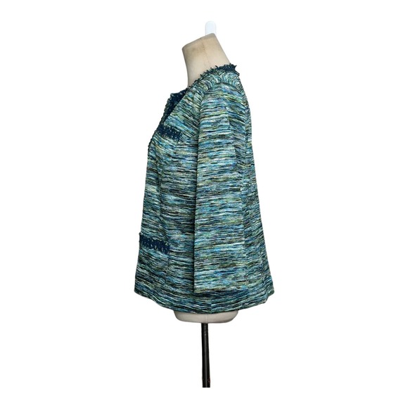 Chico's Green Tweet Open Front Pockets Lined Fringe Trim Blazer Jacket size 1- M - Picture 5 of 9